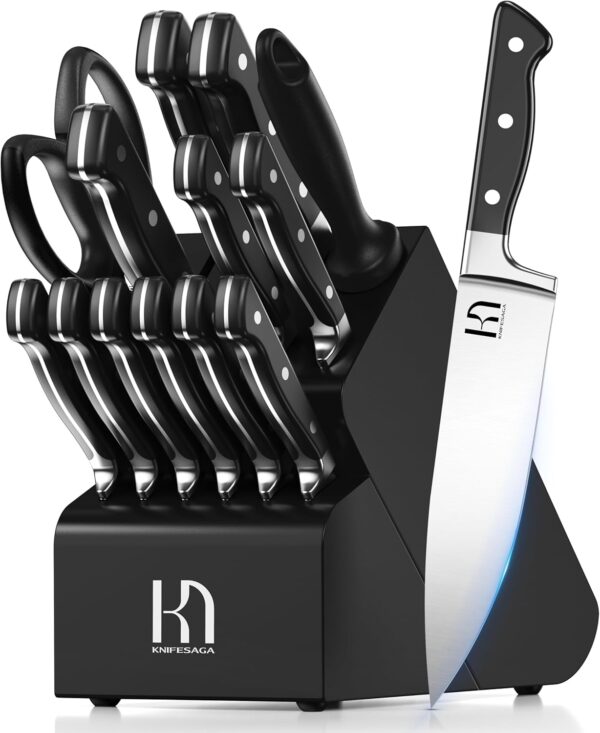 Knife Set, KnifeSaga 15 Pcs Kitchen Knife Block Set, Enduring