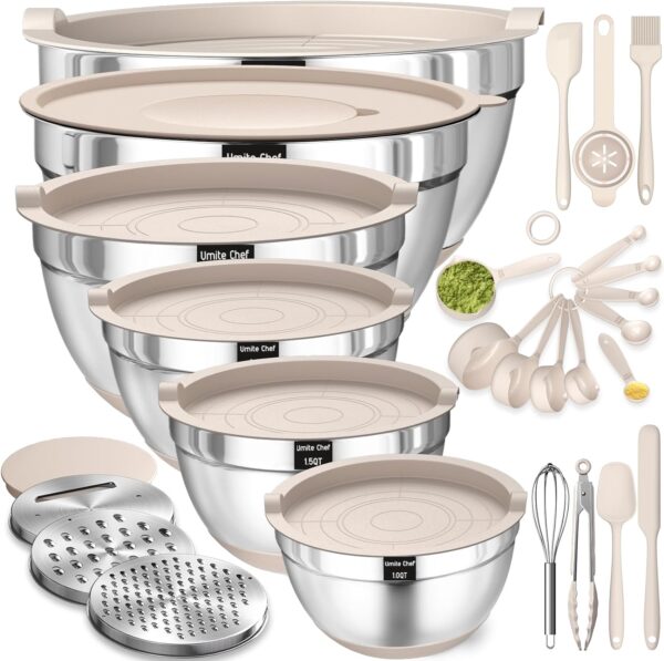 Mixing Bowls with Airtight Lids Set, 26PCS Stainless Steel KhakiKitchen