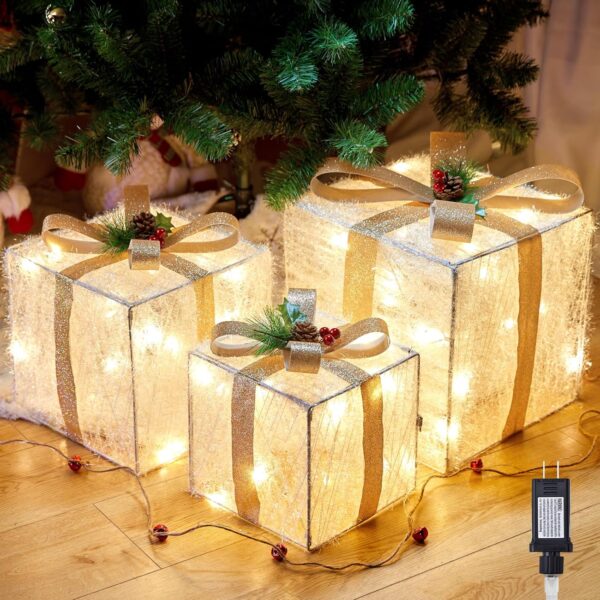 3 Pieces Lighted Gift Boxes Christmas Decorations, 12in 10in 8in