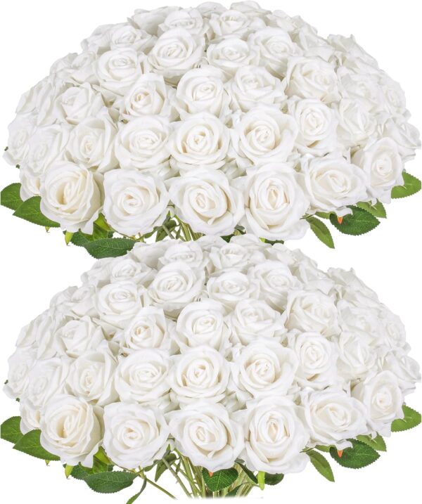 Realistic Silk Faux White Roses with Stems