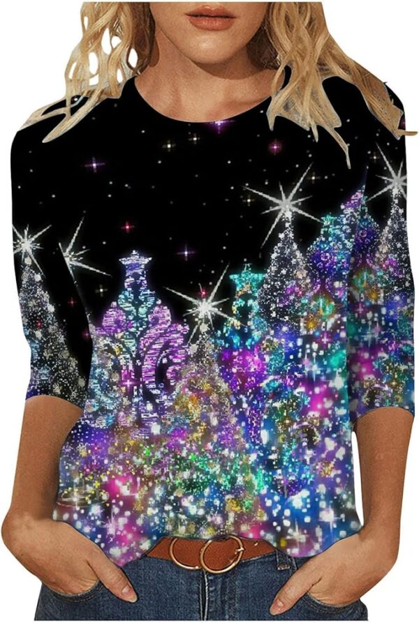 Christmas Shirts for Women Glitter Xmas Tree Print