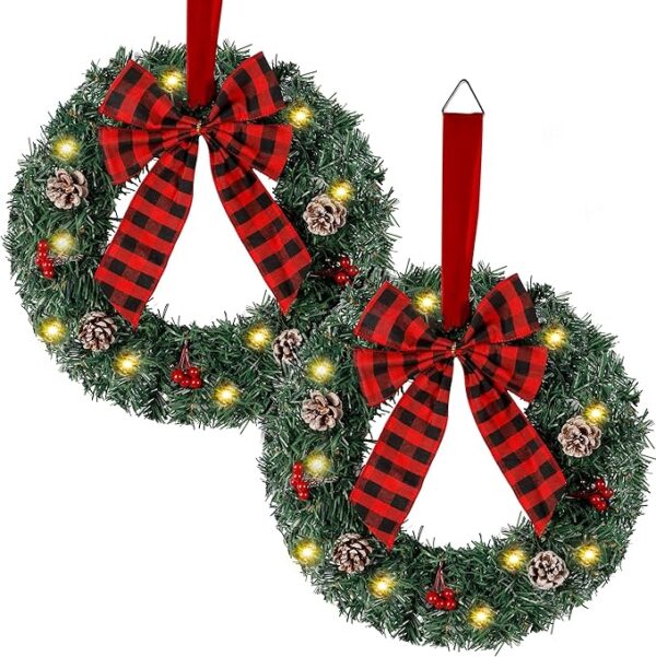 Zcaukya 2 Pack Pre-lit Christmas Wreath, 14 Inch Buffalo Check Bowknot Wreath with String Lights