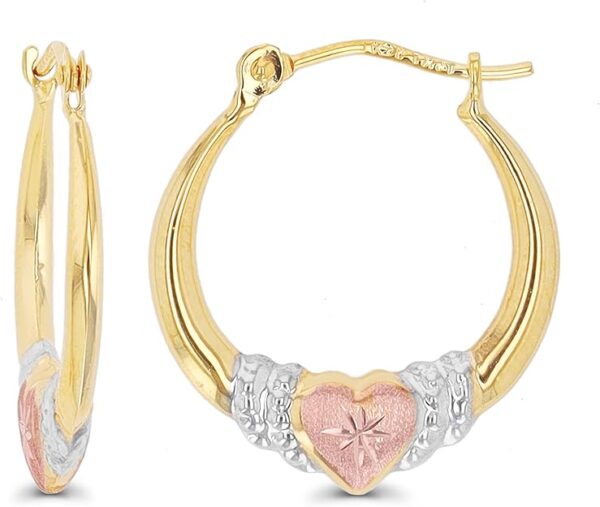 14K Gold Solid Hypoallergenic Heart Hoop Earrings - Tricolor Gold