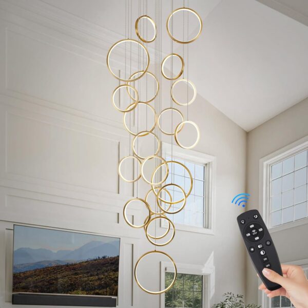 20 Ring Chandelier Gold, Modern LED Chandelier for High Ceilings