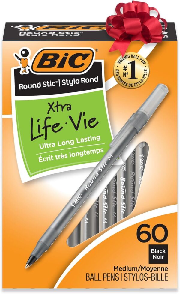 BIC Round Stic Xtra Life Black Ballpoint Pens, Medium Point (1.0mm)
