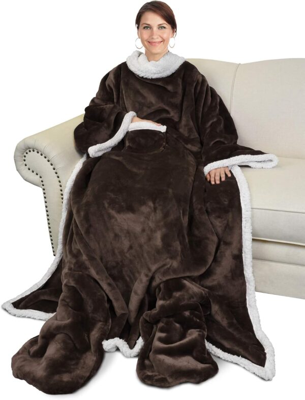 Women Men, Comfy Snuggle Wrap Sleeved Throw Blanket Robe, Gift Idea, Brown