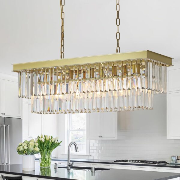 Rectangular Crystal Chandelier Gold for Dining Room Modern