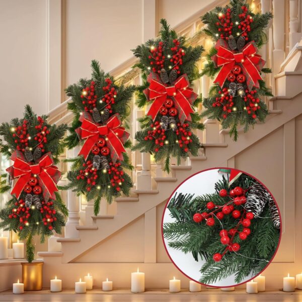 4 Pack Christmas Swags with Lights - 24" Prelit Artificial Xmas