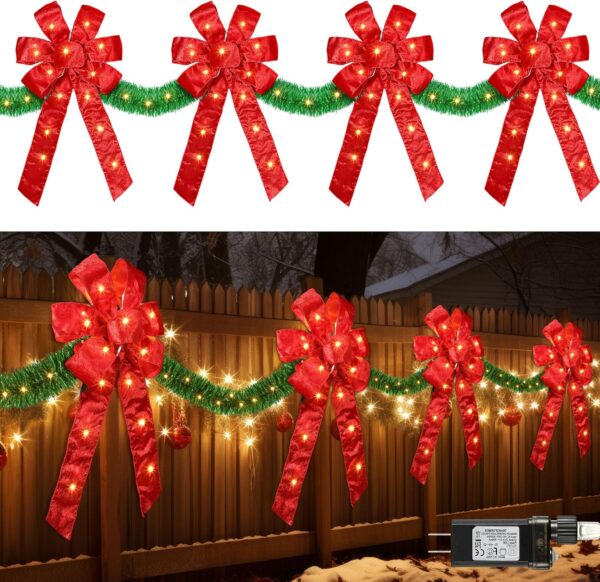 13 FT Christmas Bows Fence Decoration, 140LED Lighted Large Christmas