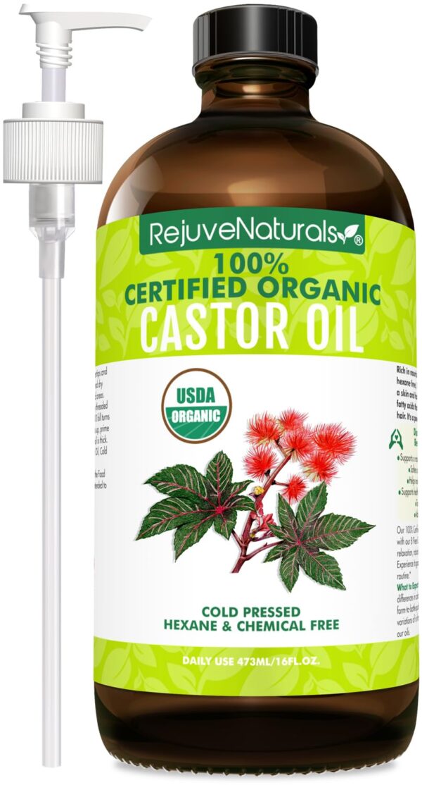 RejuveNaturals Castor Oil (16oz Glass Bottle) USDA Certified Organic