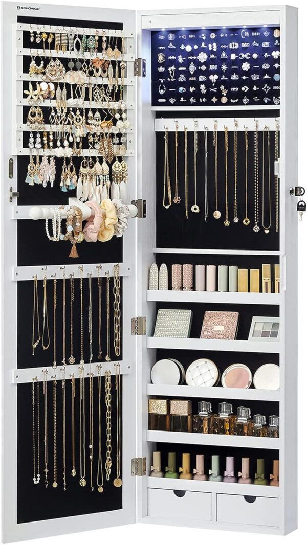 SONGMICS 6 LEDs Mirror Jewelry Cabinet, 47.2-Inch Tall Lockable Wall or Door