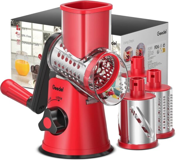 Geedel Rotary Cheese Grater, Kitchen Mandoline Vegetable Slicer with 3 Interchangeable