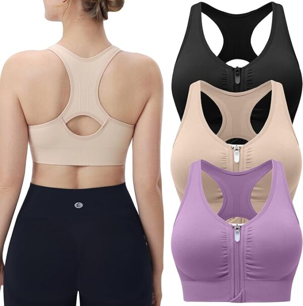 Women's Zip Front Sports Bras Wireless Padded Racerback Medium