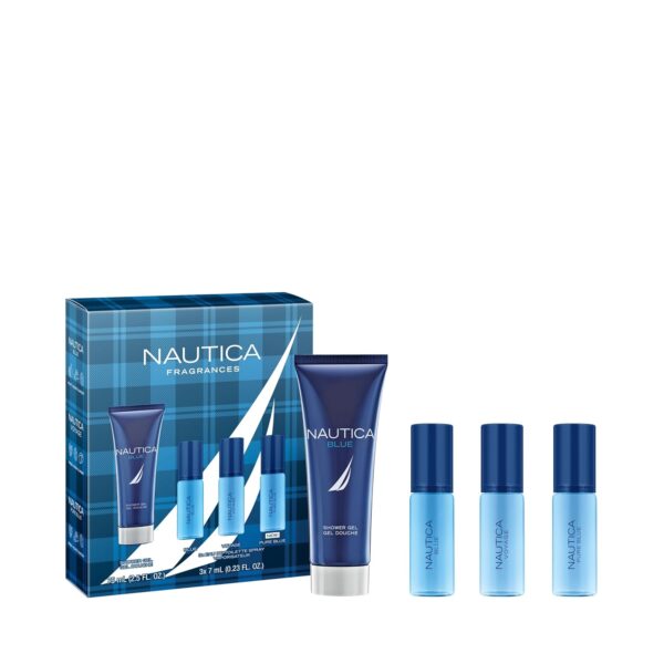 Nautica Blue, Voyage, and Pure Blue 4 Piece Gift Set, Notes of Basil, Jasmine, and Cedarwood, Men's