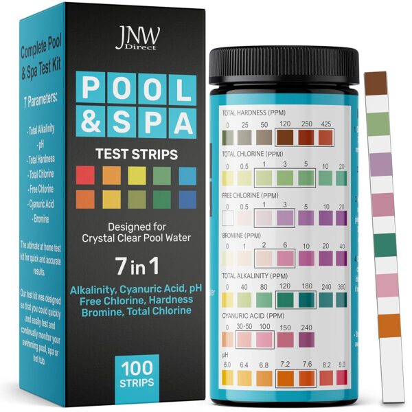 7-Way Pool Test Strips, 100 Quick & Accurate Pool and Spa Test Strips, Pool Water Test Kit - Chlorine, Bromine